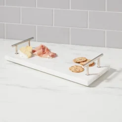 14" X 6" Marble Serving Tray With Metal Handles White - Threshold™