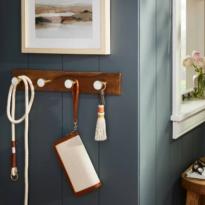 Metal And Faux Marble 4 Gold Hooks Rail On Acacia Wood - Threshold™ 1 Metal And Faux Marble 4 Gold Hooks Rail On Acacia Wood - Threshold™