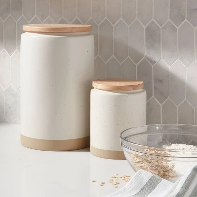 Small Camwood Collection Stoneware Canister With Wood Lid Cream - Threshold™ 1 Small Camwood Collection Stoneware Canister With Wood Lid Cream - Threshold™